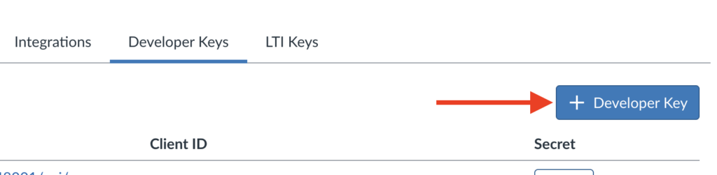 A screenshot of the developer keys section. An arrow points to the Developer Key button.
